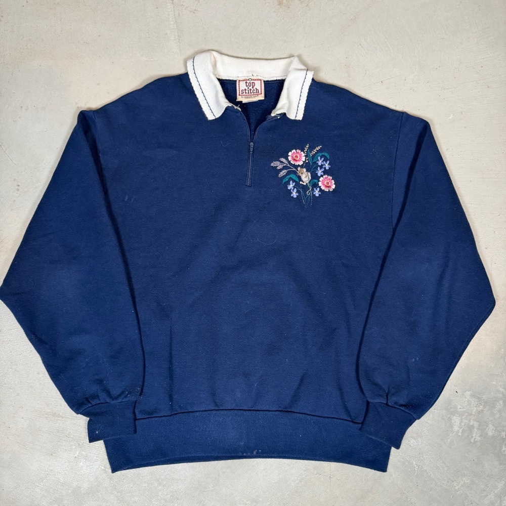Vintage Top Stitch Morning Sun Navy Blue Embroidered Mouse Floral Sweatshirt L